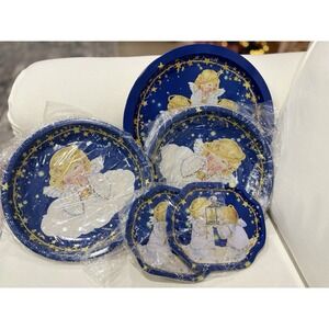 Vintage Pictura Angel Christmas Plates Sweden 1996 Blue Gold Holiday Decor‎ Set